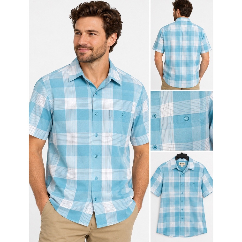 Haggar Men’s Short Sleeve Button Down Shirt Size M Blue White Plaid Chest Pocket